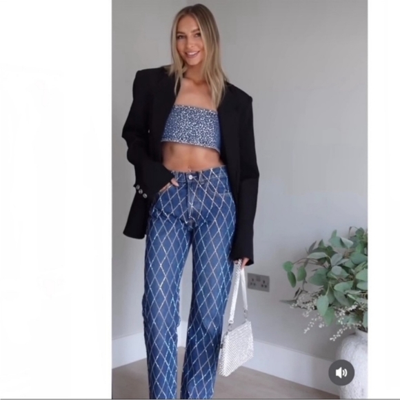 Zara Rhinestone Jeans Blue Jewel Size 2 - Picture 8 of 16